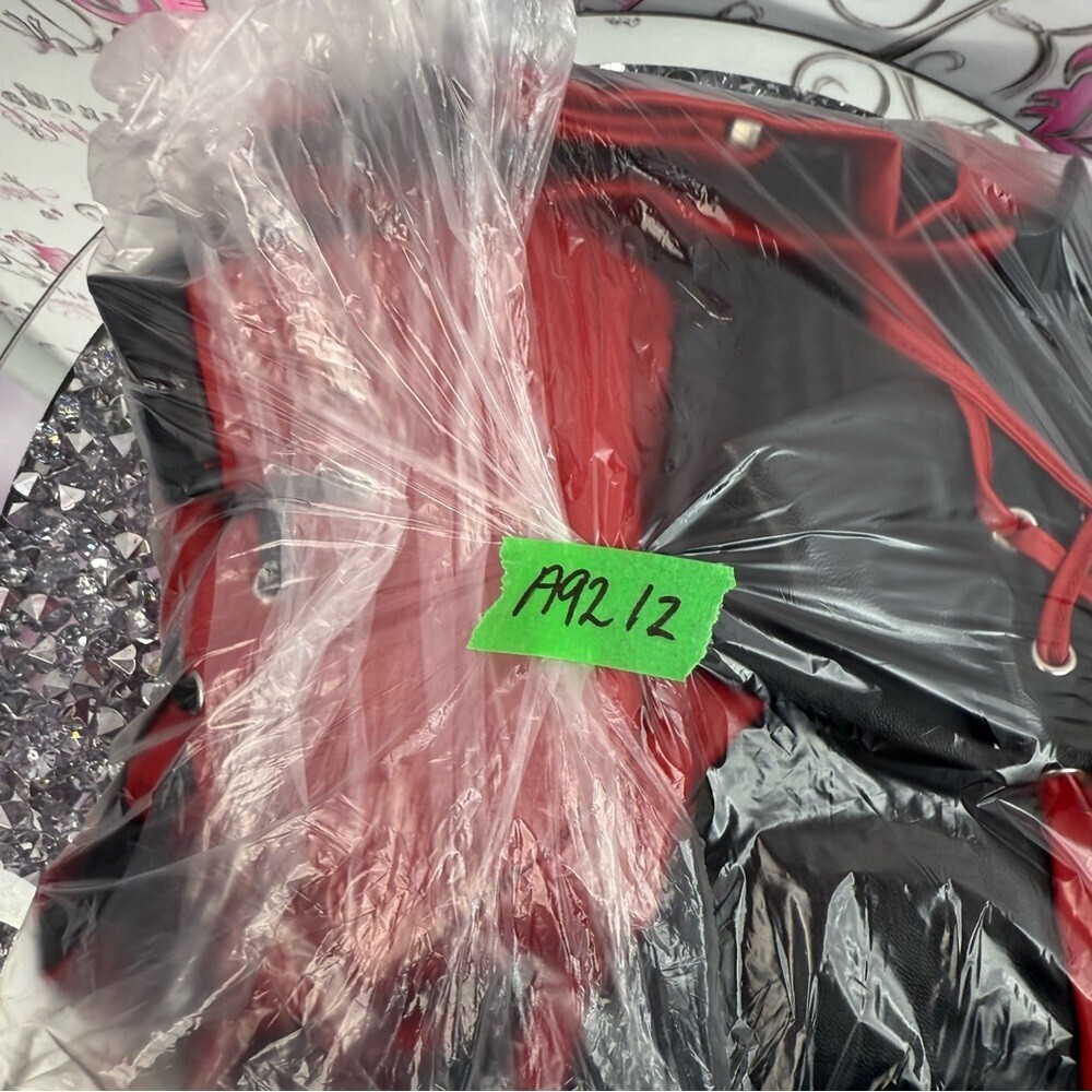 Spirit Halloween two tone red Black Faux Leather Moto Jacket with Heart Zip - Picture 10 of 10